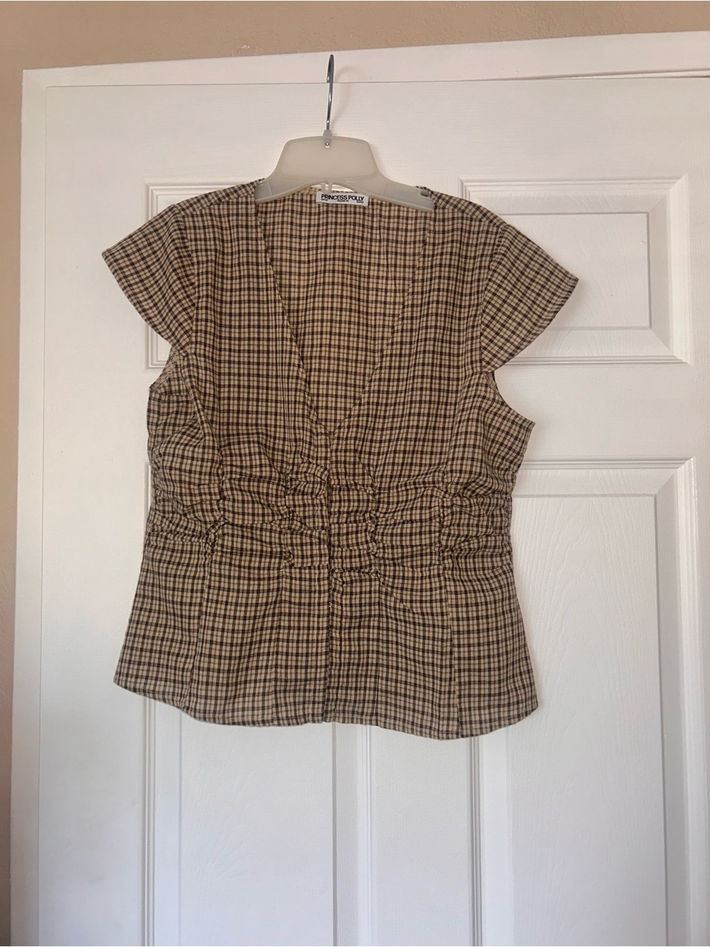 Princess Polly Tan & Brown Checked Cinched Waist Button-Down Top